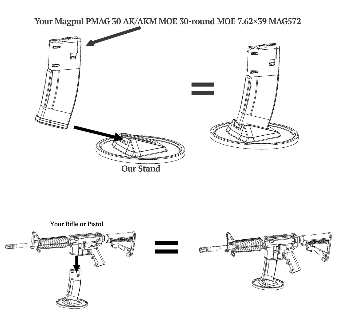 AK, AKM & AK47 Stand Pistol & Rifle Mount Compatible With Magpul 30-Round MOE PMAG For Your 7.62×39 MAG572 (Black PLA)